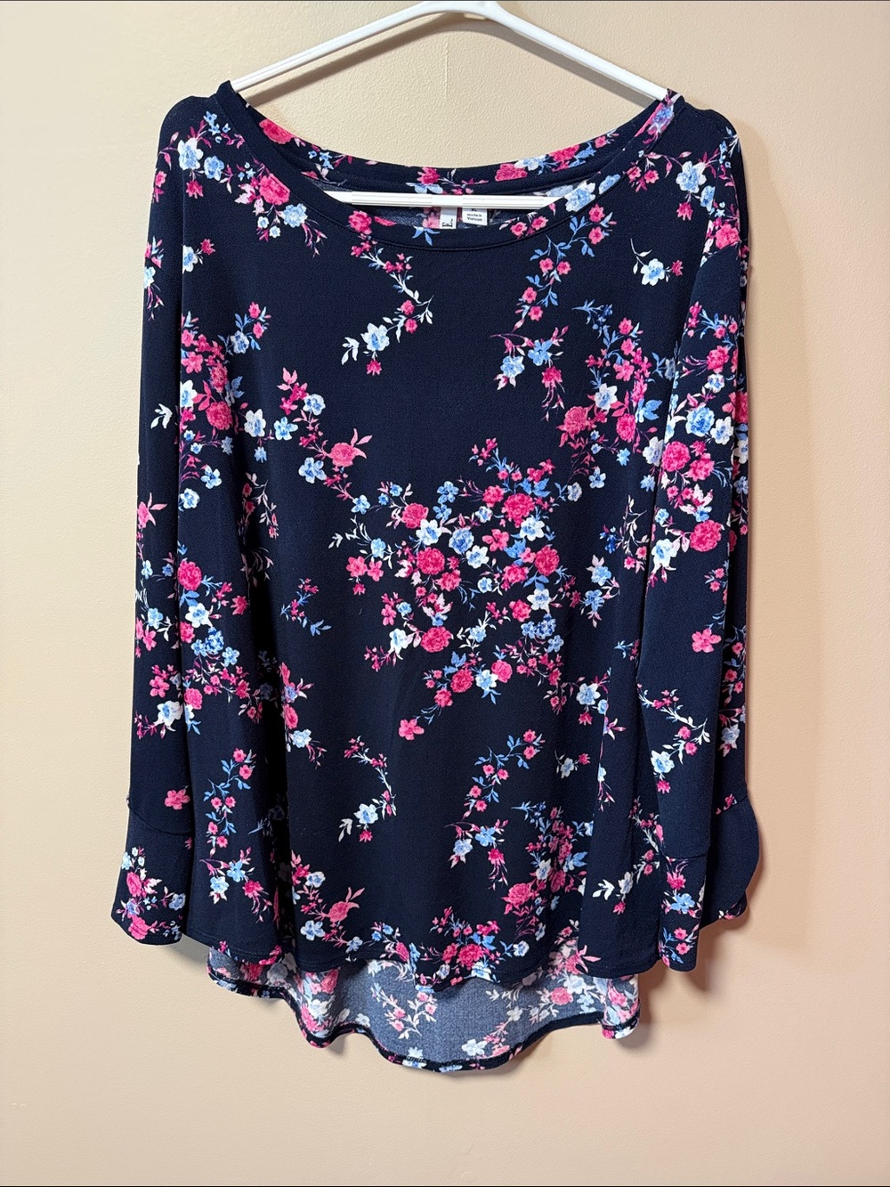 Elle Navy High-Low Floral Top with Pink & Light Blue Blooms